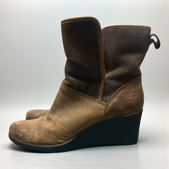 UGG Waterproof Brown Wedge Boots Colorblock Suede Shearling Lined Comfort - Picture 1 of 7